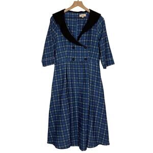Timeless London Swing Dress 10 Blue Tartan Plaid Double Breasted Rockabilly